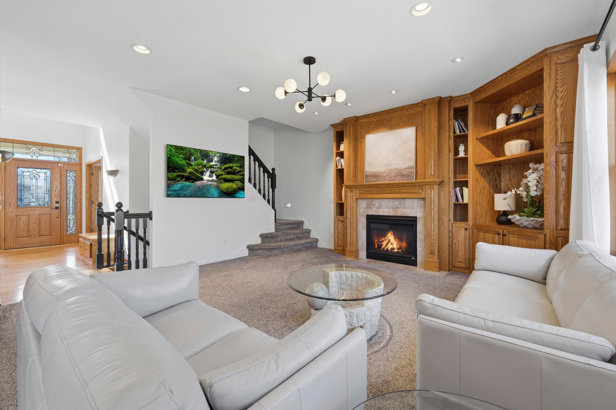 This living room is light and bright during the day and warm and cozy at night