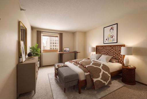 Virtual staged bedroom and window treatments