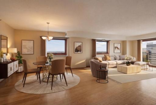 Virtual staged living room and window treatments