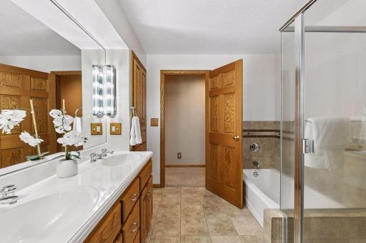Main level bathroom with dual vanity and walk in shower and separate tub