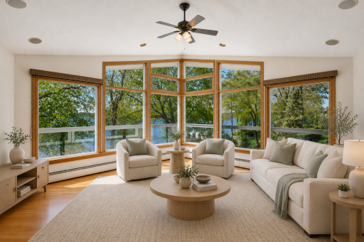 Living room with vaulted ceilings and expansive windows capturing stunning waterfront views from every angle