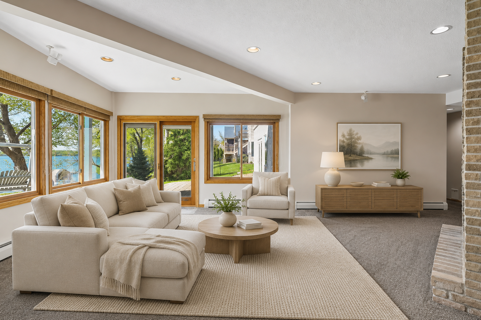 Walkout lower level family room with wood burning fireplace and surrounding views of the lake.