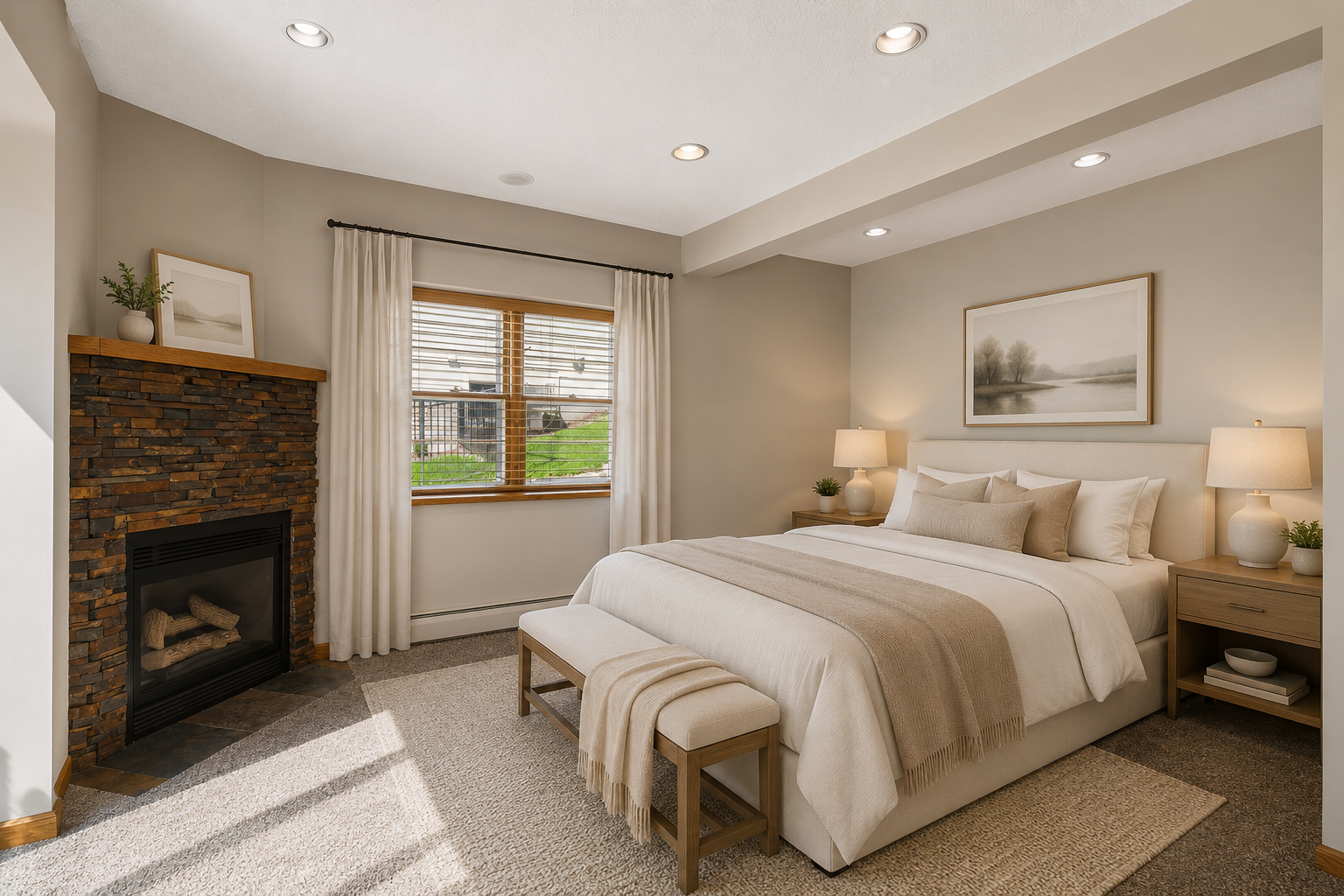 Lower level bedroom with fireplace and walkout access directly to the lake.