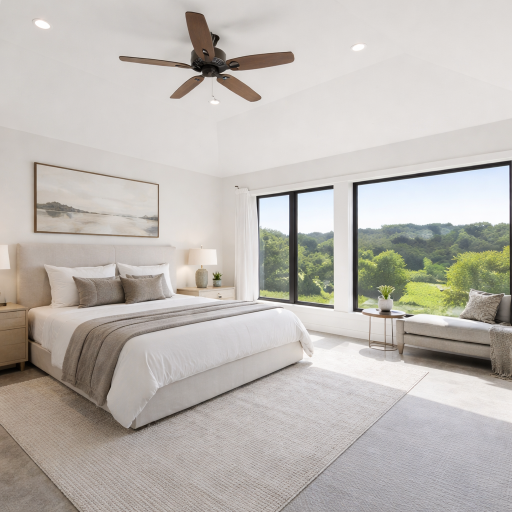 Light-filled primary suite featuring expansive black-framed windows, tranquil wooded views, and space for a king-size bed. (virtual staged)