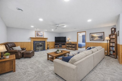 Family Room with New Carpet and Gas Fireplace