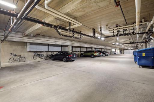 heated underground parking with storage and a car wash area.
