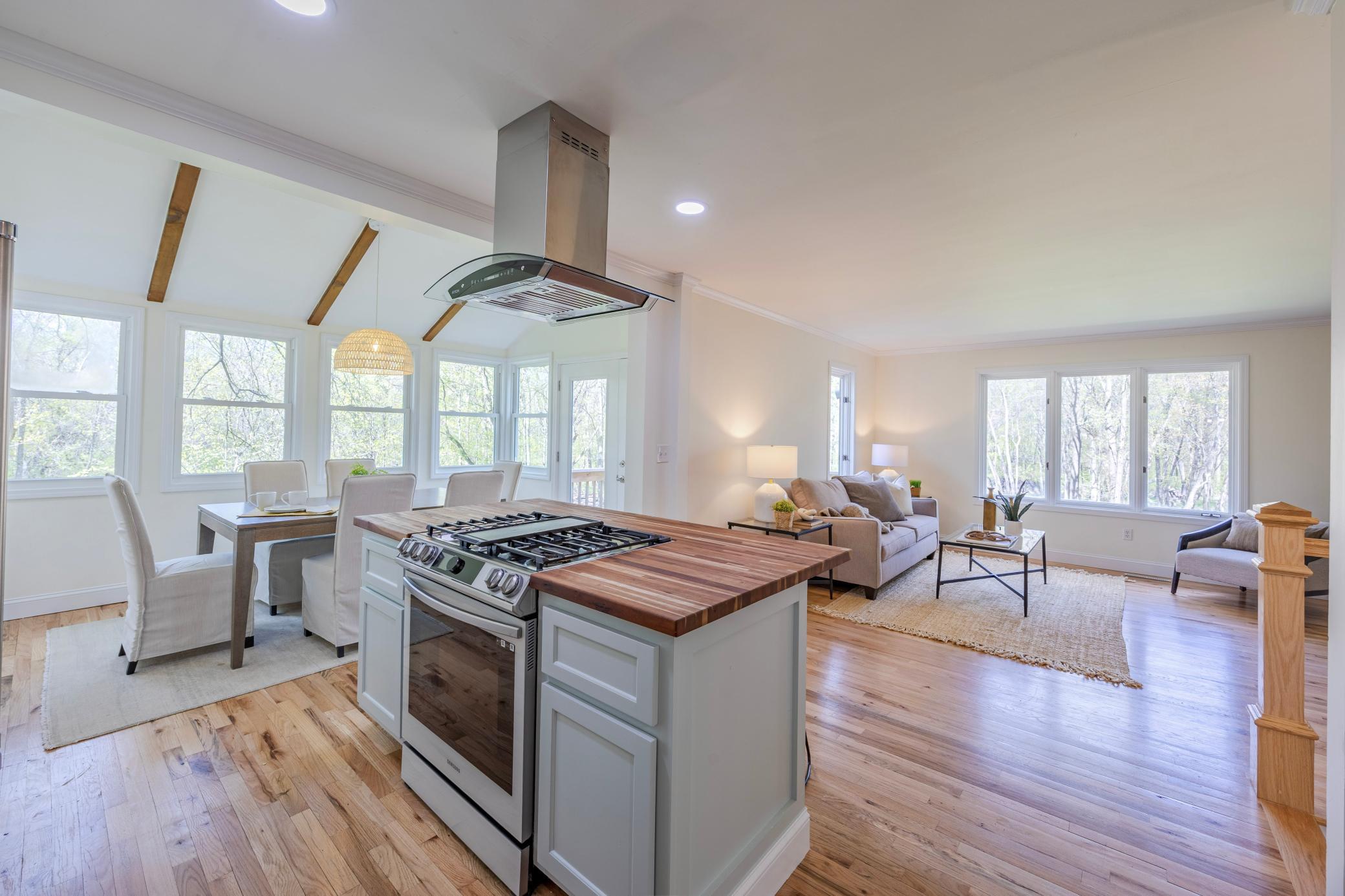 kitchen, living, dining