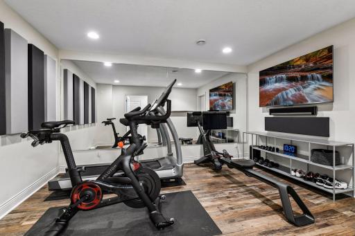 Home gym in the lower level with large utility closet