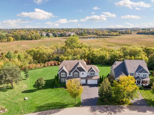 Aerial view of just over half acre lot with wetland preserve and woods behind home