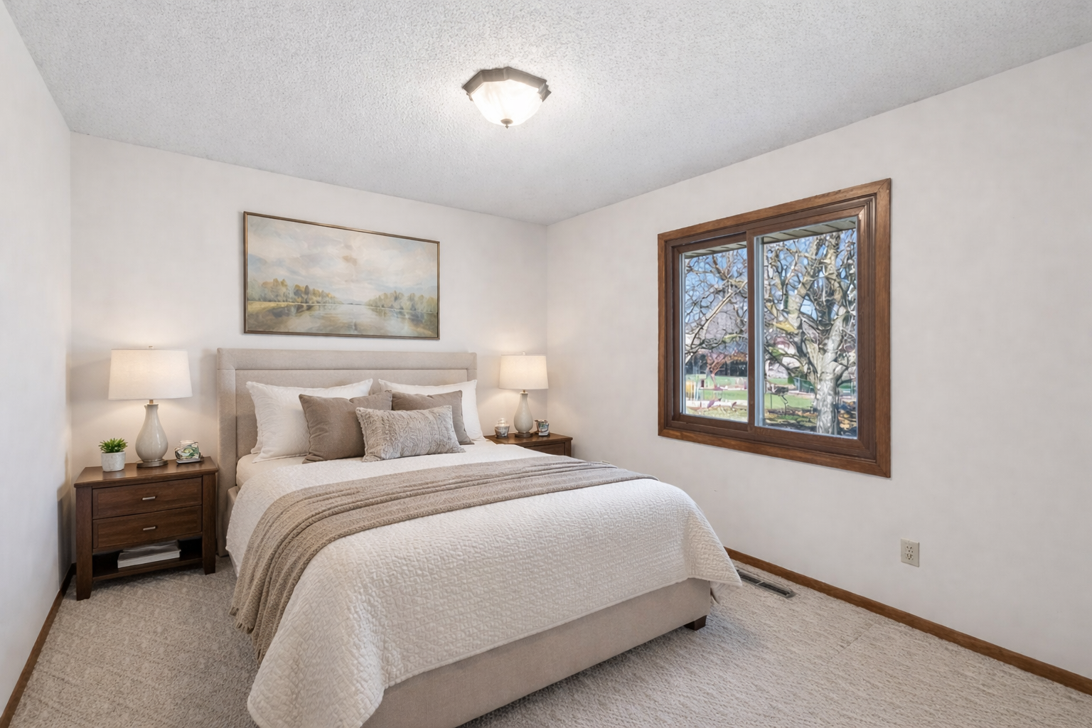 The second bedroom on the upper level has fresh professionally painted walls. This virtually staged room shows the generous size of the space.