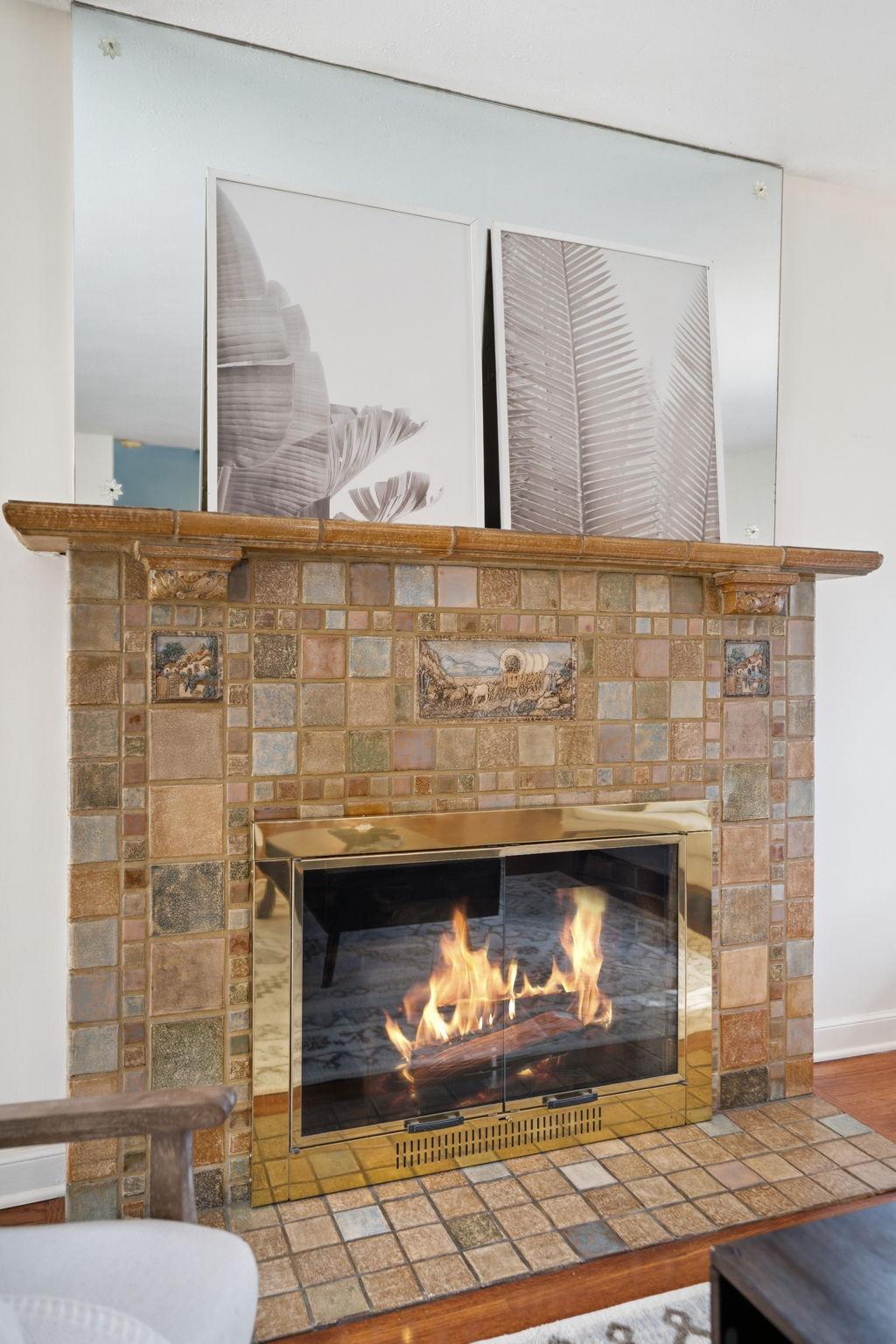 Unique tile on the fireplace