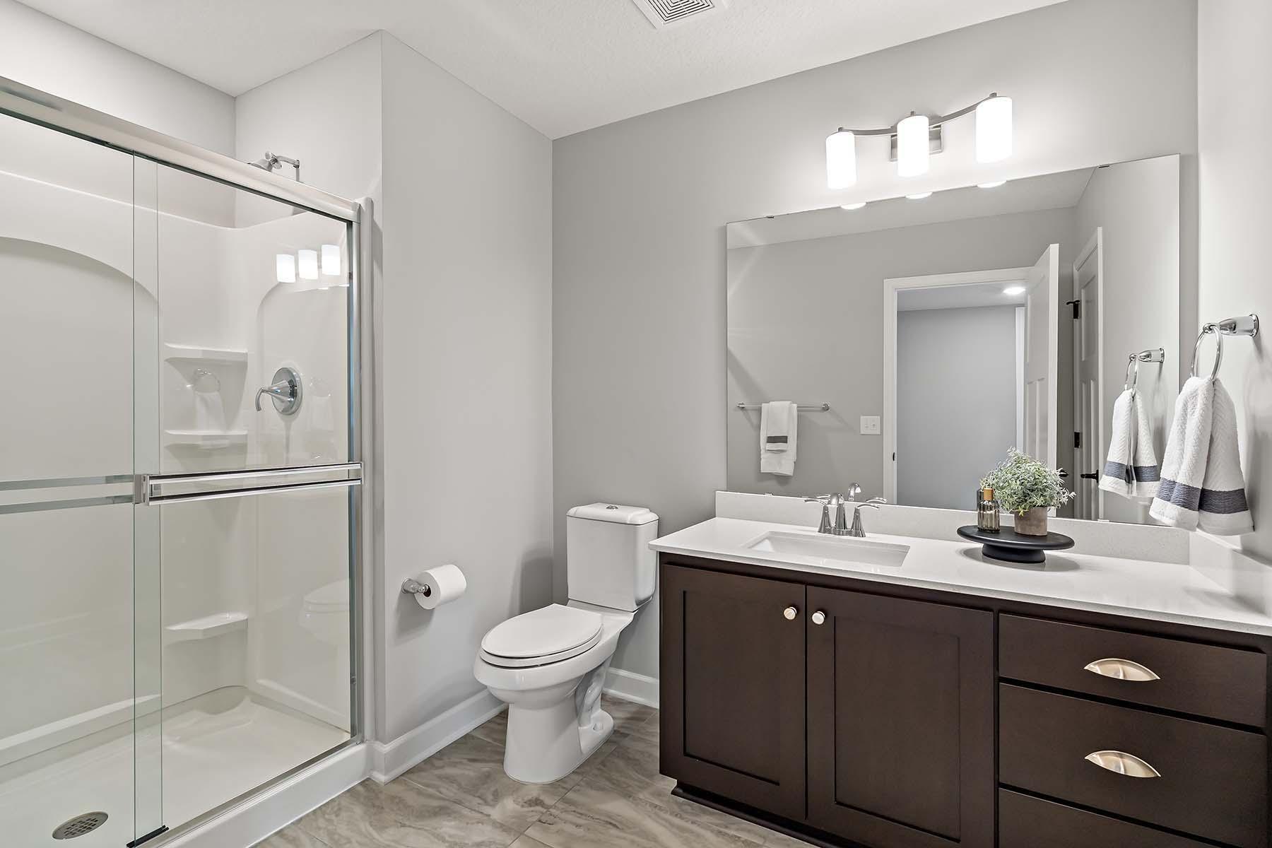 This stylish lower-level bathroom features a step-in shower with glass door, a vanity with counter & cabinet space and elegant fixtures, combining functionality with refined design for everyday comfort.