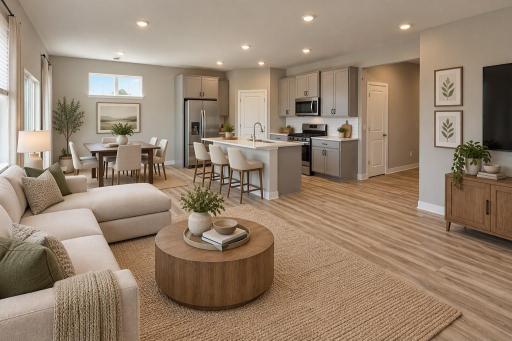 Harmony Kitchen open onto Living and Dining Rooms. Photos are of actual home. Colors and options may vary. Ask Sales Agent for details. AI-generated staging for visualization.
