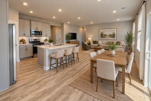 Harmony Kitchen open onto Living and Dining Rooms. Photos are of actual home. Colors and options may vary. Ask Sales Agent for details. AI-generated staging for visualization.