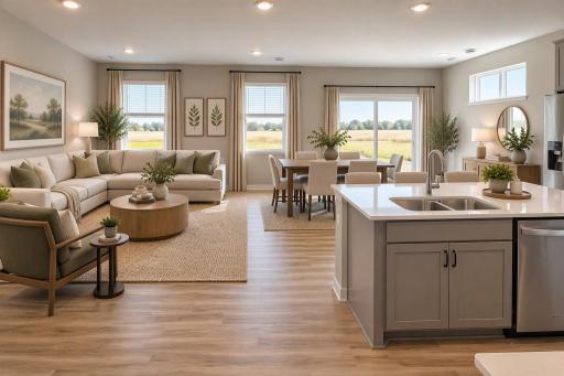 Harmony Kitchen open onto Living and Dining Rooms. Photos are of actual home. Colors and options may vary. Ask Sales Agent for details. AI-generated staging for visualization.