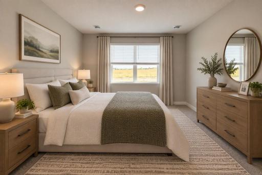 Harmony Primary Bedroom. Photos are of actual home. Colors and options may vary. Ask Sales Agent for details. AI-generated staging for visualization.