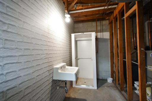 Plumbing downstairs in the lower level. Currently has a shower and a sink.