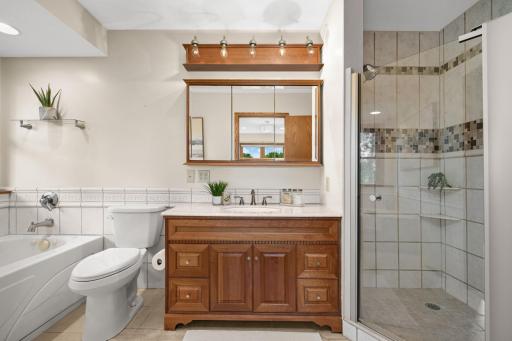 Primary bath with separate jetted tub overlooking the backyard and shower