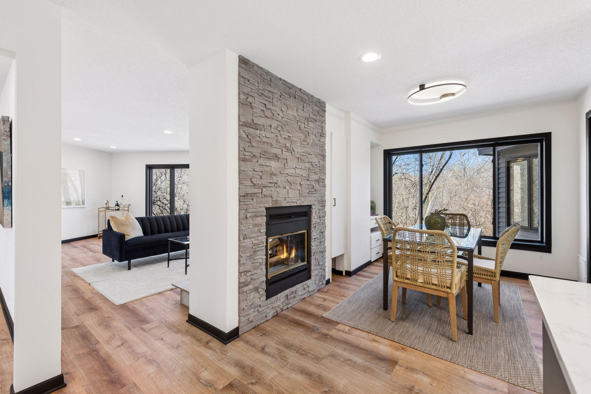 Double-sided gas fireplace.