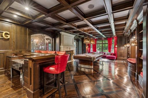 Billiard Room with Limestone Fireplace