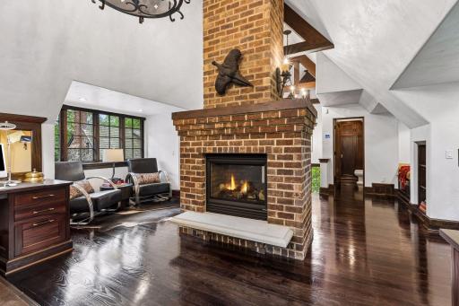 Towering floor to ceiling fireplace
