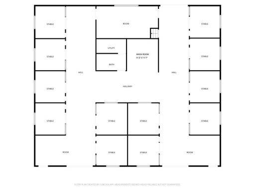 Floor plan of stables area, wash bay, viewing room, bathroom and storage areas