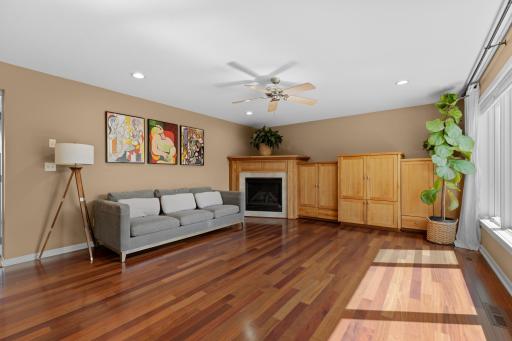 Living room with gas fireplace and built ins
