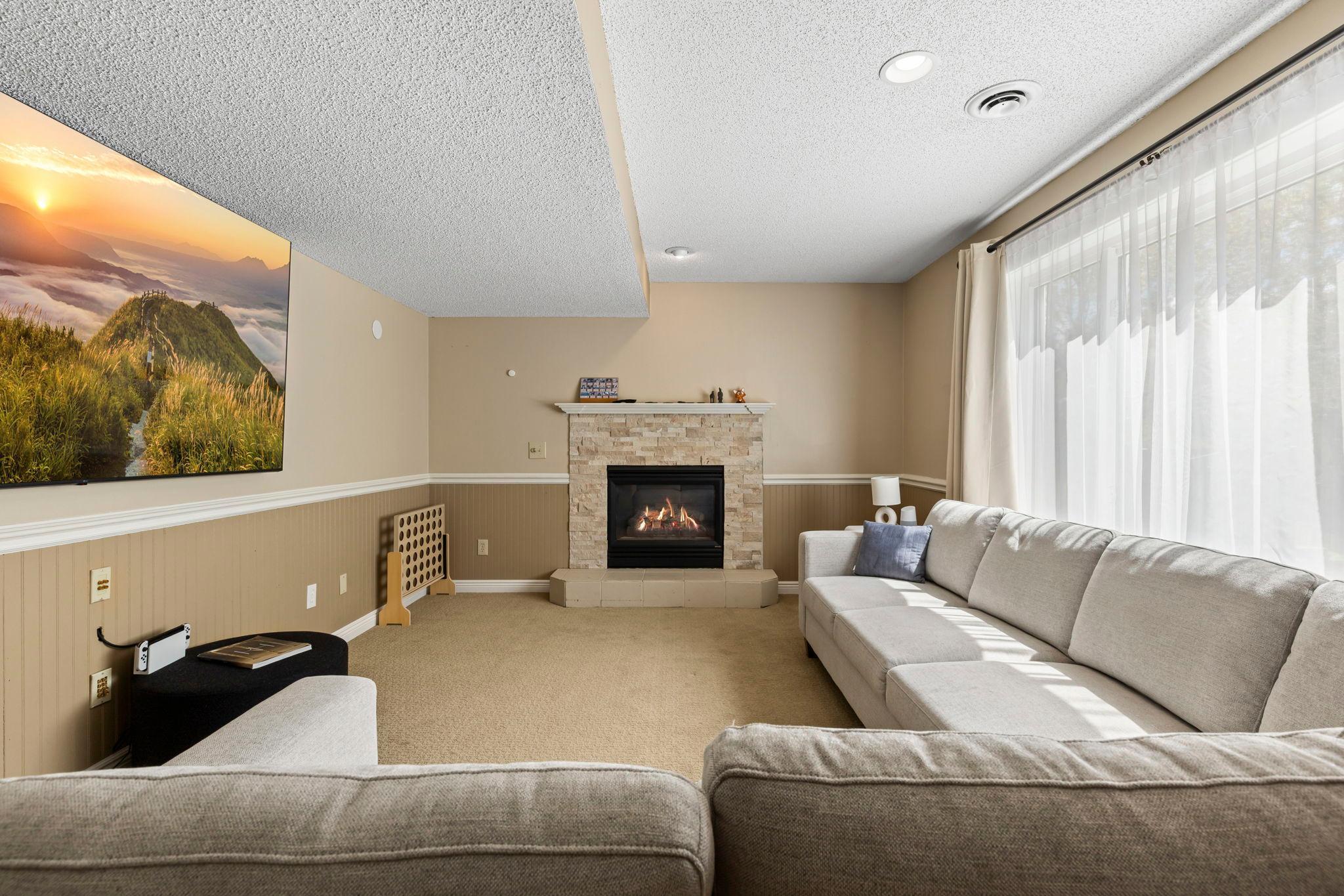 Lower level family room with gas fireplace