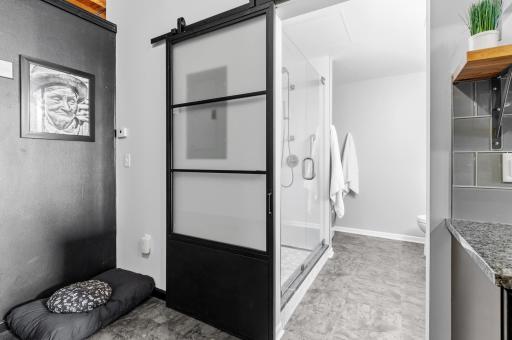 Unique and functional entry to the completely remodeled bath - a frosted, barn door enclosure. The bath features, yet not limited to: upgraded lighting, distinct fixtures, solid surface countertops, designer ceramics and seamless glass shower doors.