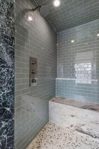 Primary walk-in steam shower with marble bench.