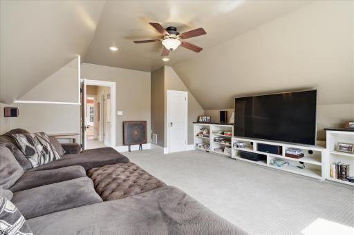 Large family room on 3rd floor with built in shelves
