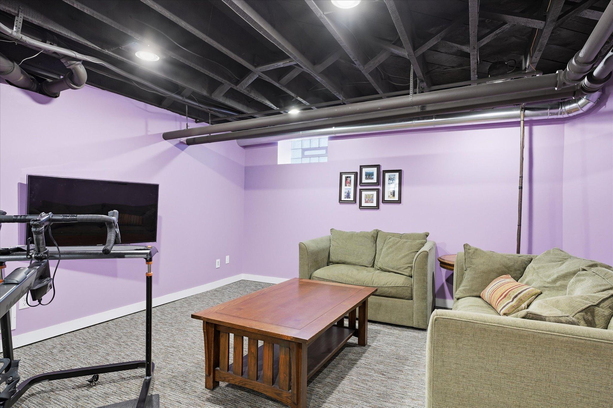 Lower level amusement room and exercise space