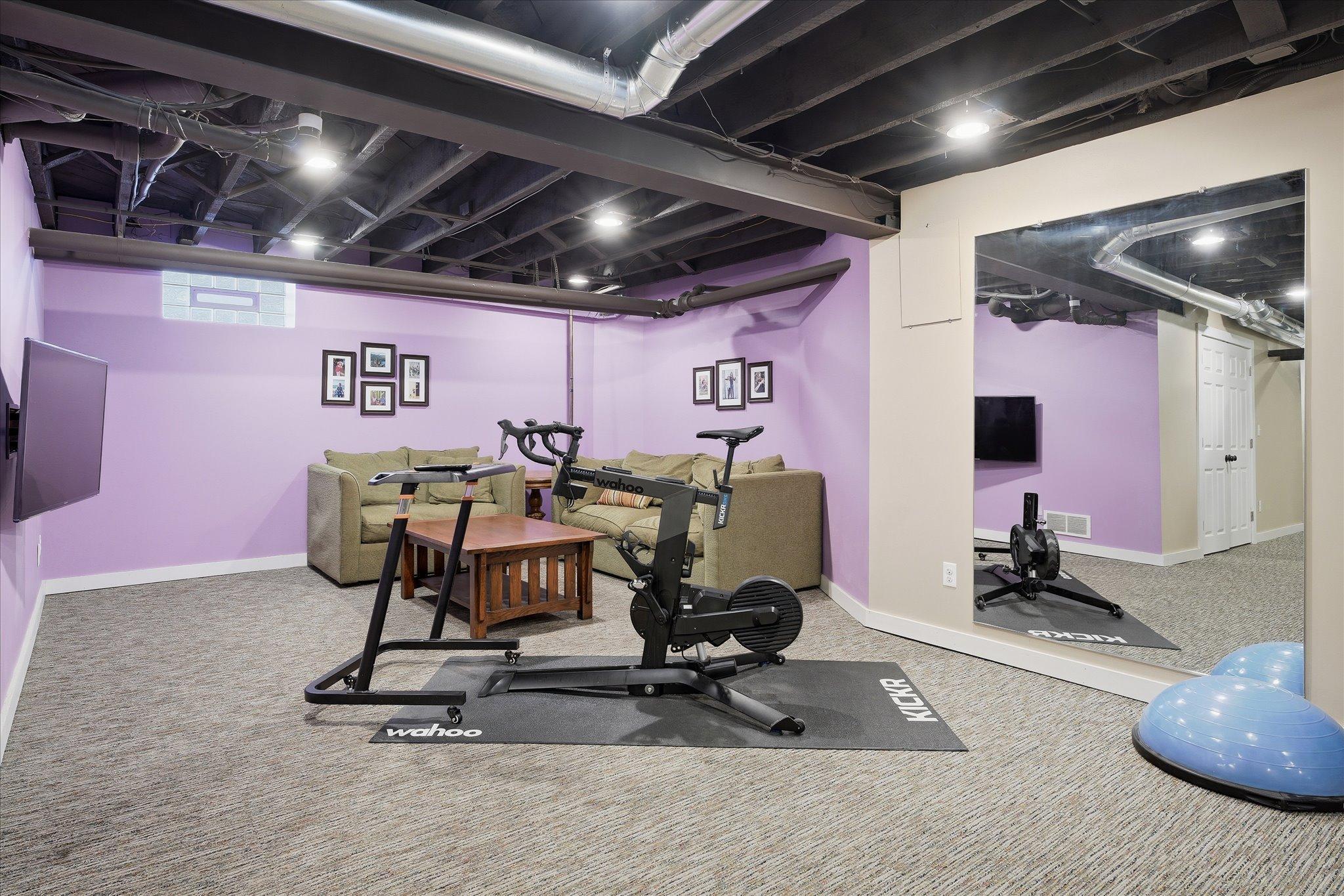 Lower level amusement room and exercise space