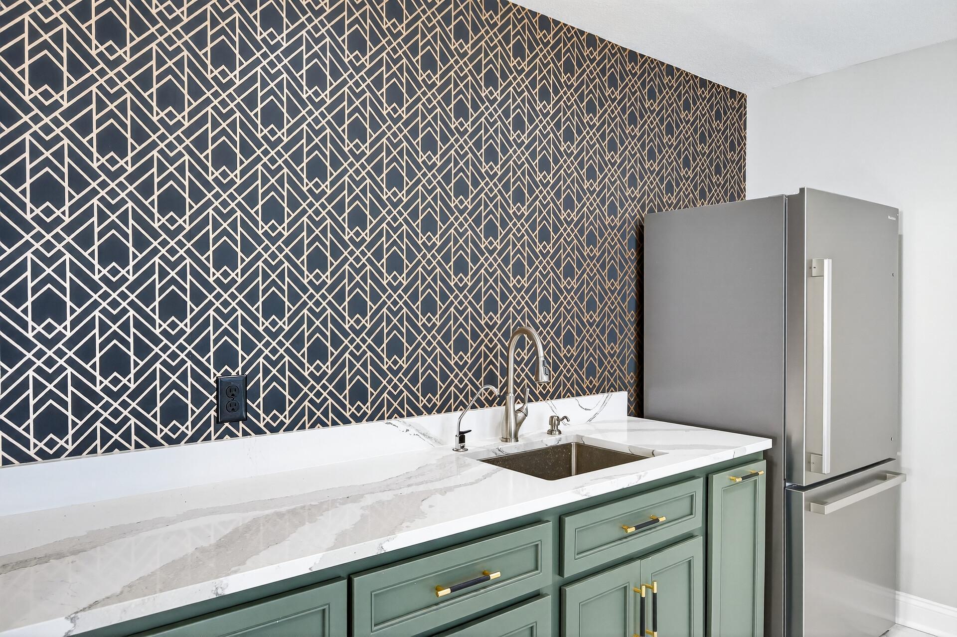 A closer look at the stylish wet bar.