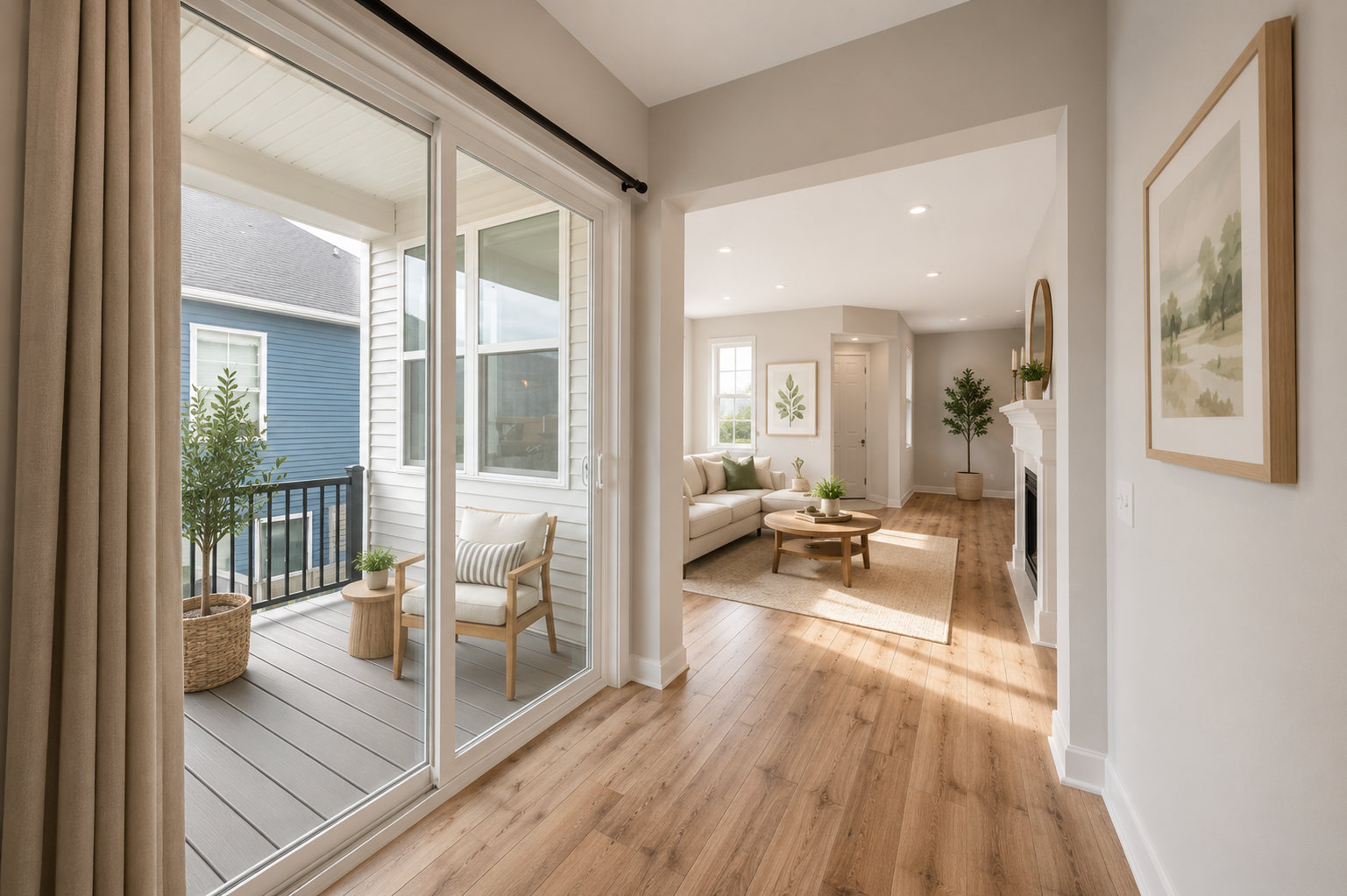Sliding doors leading to the composite deck overlooking professionally landscaped yard.