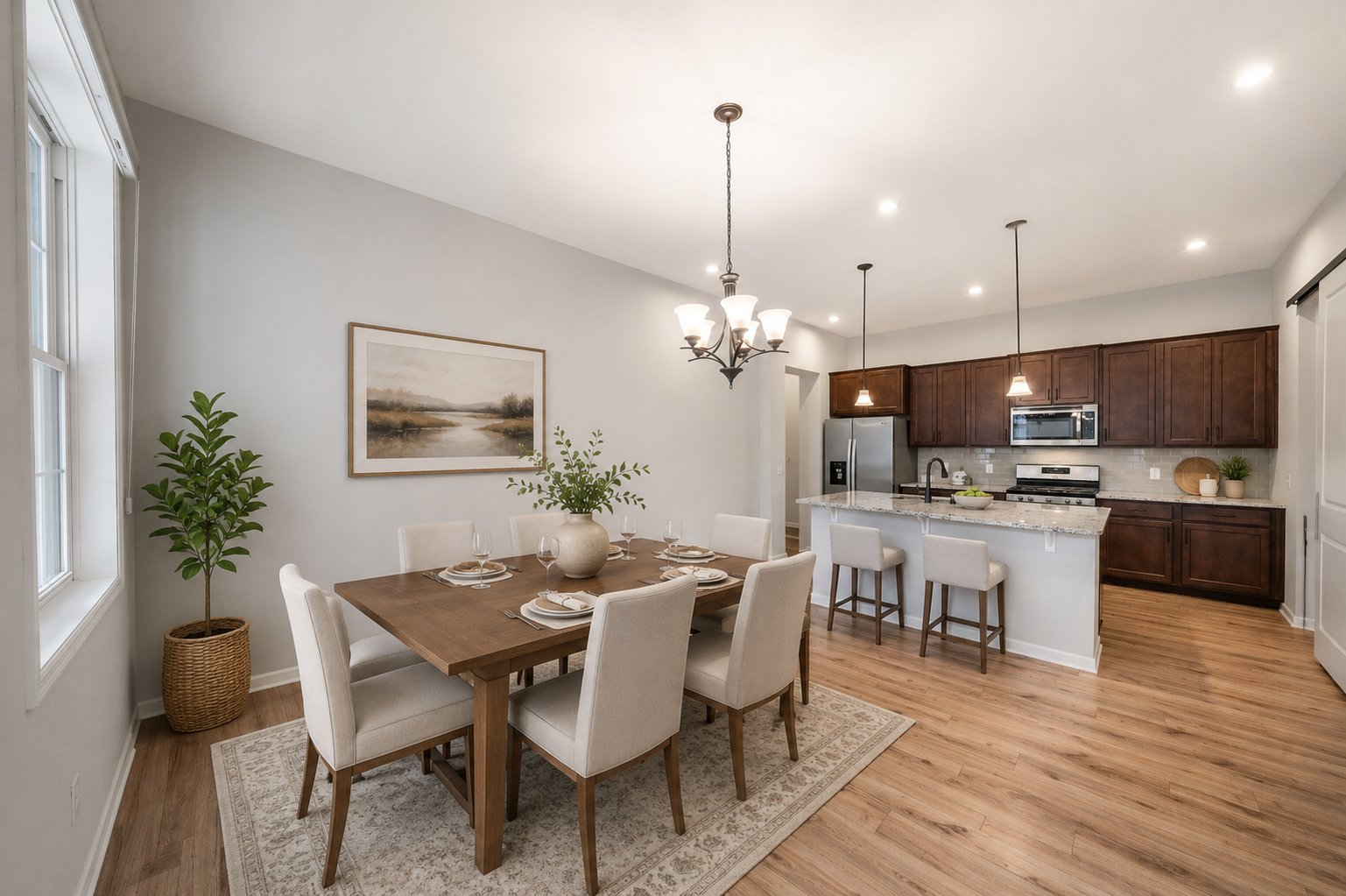 Large dining room with 10 ft. ceilings, beautiful durable wood look laminate flooring, and fresh paint throughout!