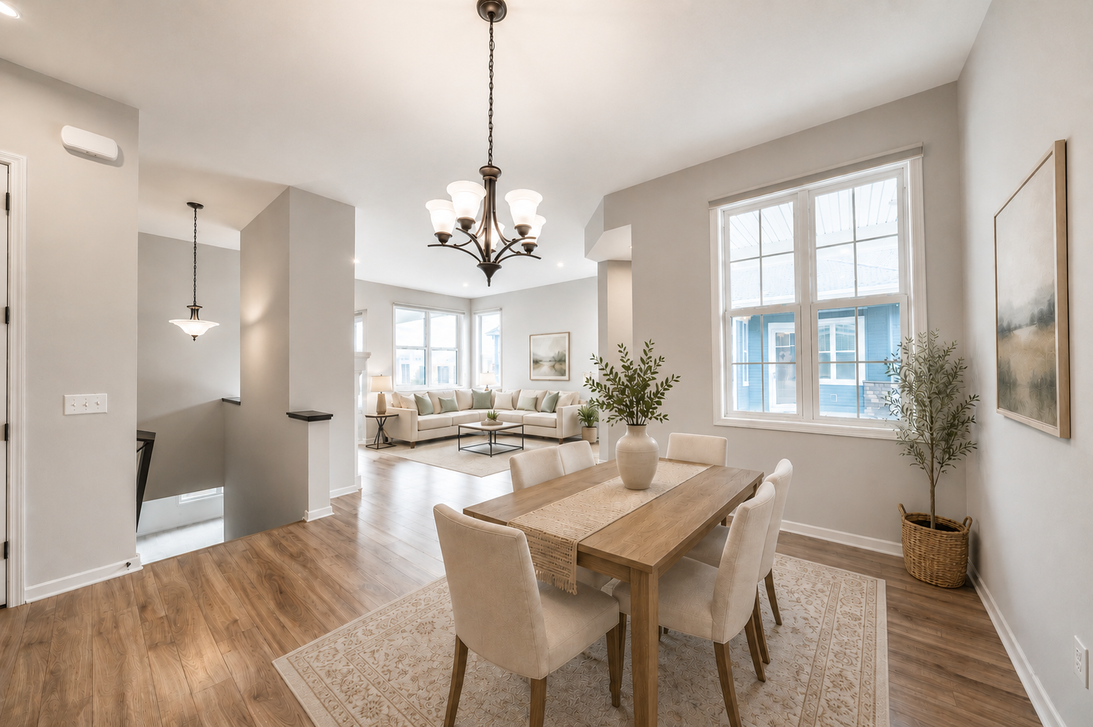 Bright open concept floor plan looking through dining room into living room. Gorgeous!