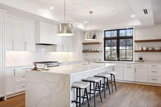 On trend waterfall design featured on the large center island