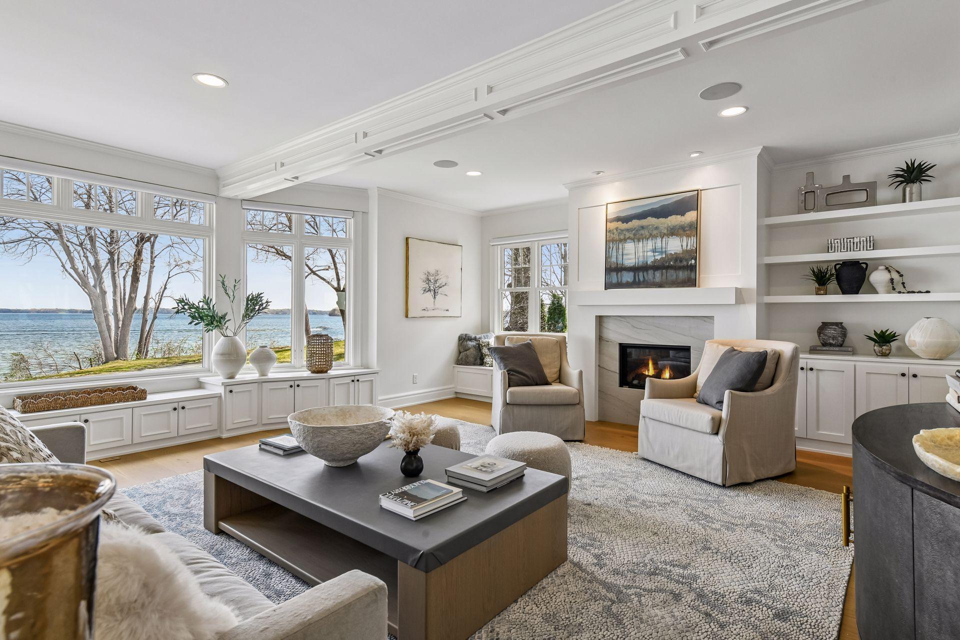 Brand new custom fireplace, surround, built-ins and window seat