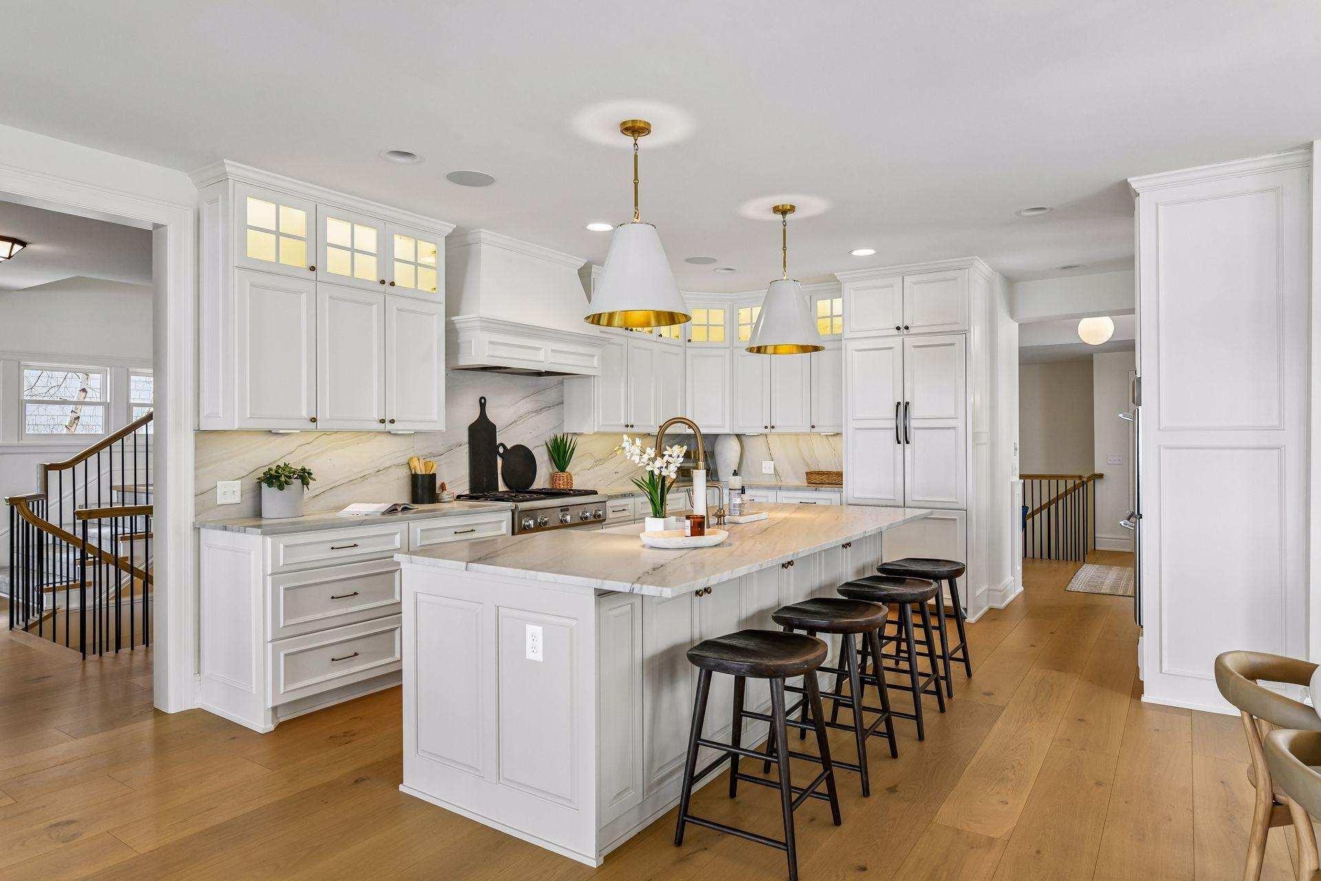Updated kitchen with new countertop, backsplash and hardware.