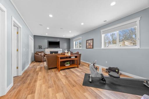 A bright and updated lower level family room greets you downstairs. What an amazing space to relax with new gas fireplace and custom fireplace surround (2021), updated lighting and speakers. You'll love this space.