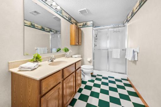 Spacious lower level bathroom.