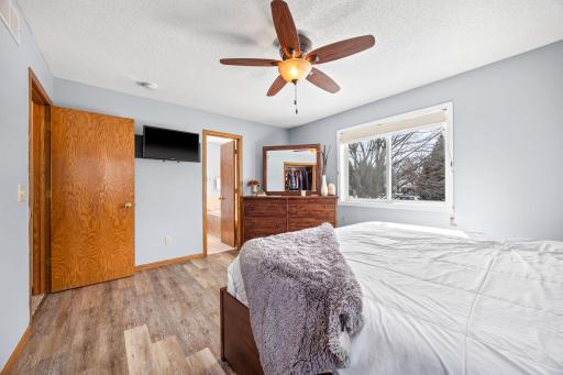 The bedroom offers access to the walkthrough primary bathroom.