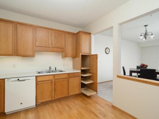 Kitchen has pull-out shelves for convenience.