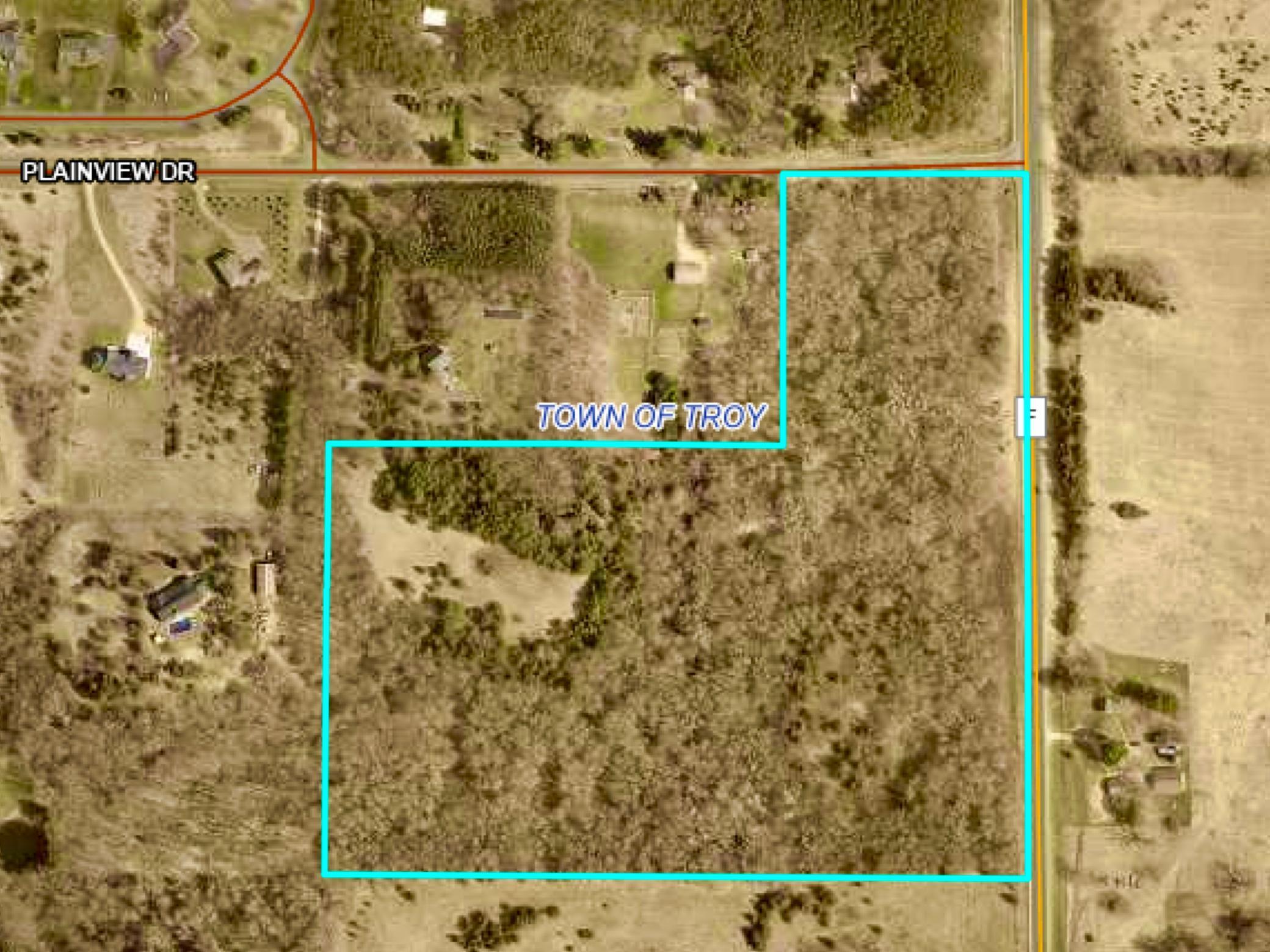 Property map view showing the full 30 acres at the corner of County Road F and Plainview Drive in the Town of Troy.