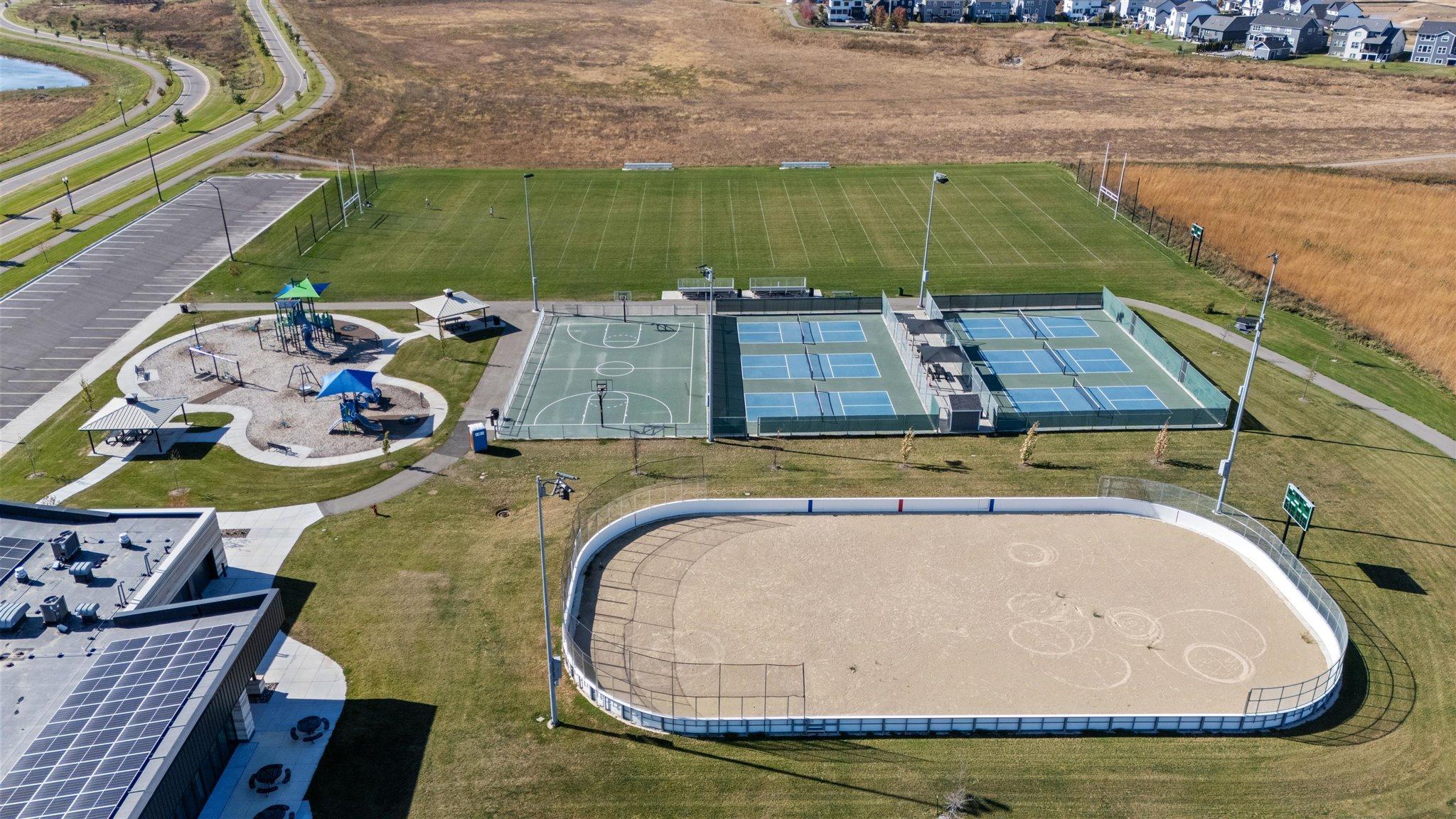 Glacial Valley Park-Cottage Grove's newest community park includes sports fields, basketball/pickleball courts, a large playground, picnic areas, an ice skating rink, trails, and open space to enjoy.