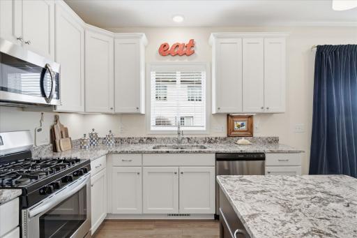 Open kitchen with maintenance free, stone countertops and soft close cabinets. A beautiful bright and open design