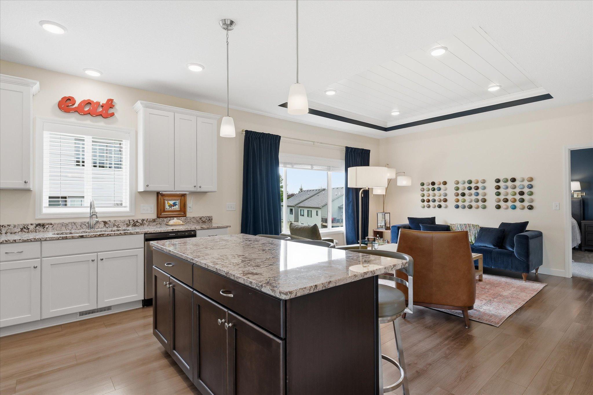 Open kitchen with maintenance free, stone countertops and soft close cabinets. A beautiful bright and open design