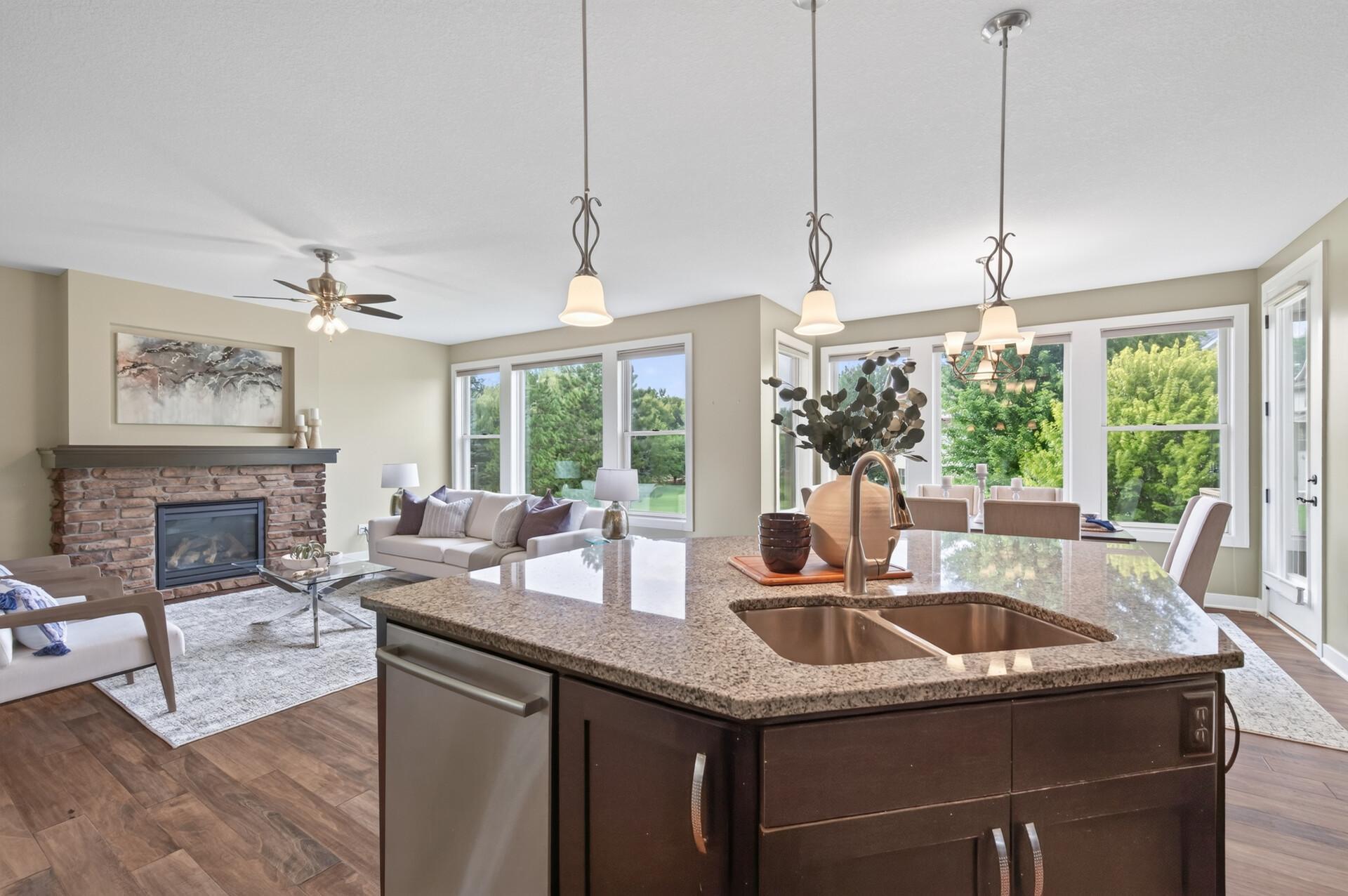 The oversized center island is perfect for meal prep, casual dining, and conversation.