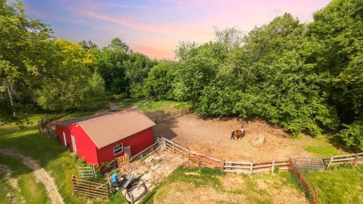 Aerial view of horse outbuilding and paddock
